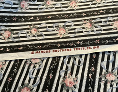 Floral on Black and White Stripe Fabric by the yard, 45” wide, cotton