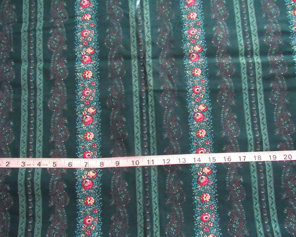 1 1/2 yd 100% Cotton Green with Stripes of Florals, Slightly Stiff by Spring Ind