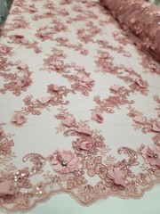 Orange Embroidery Beaded Lace Fabric Sold By The Yard Floral Flowers Scallops
