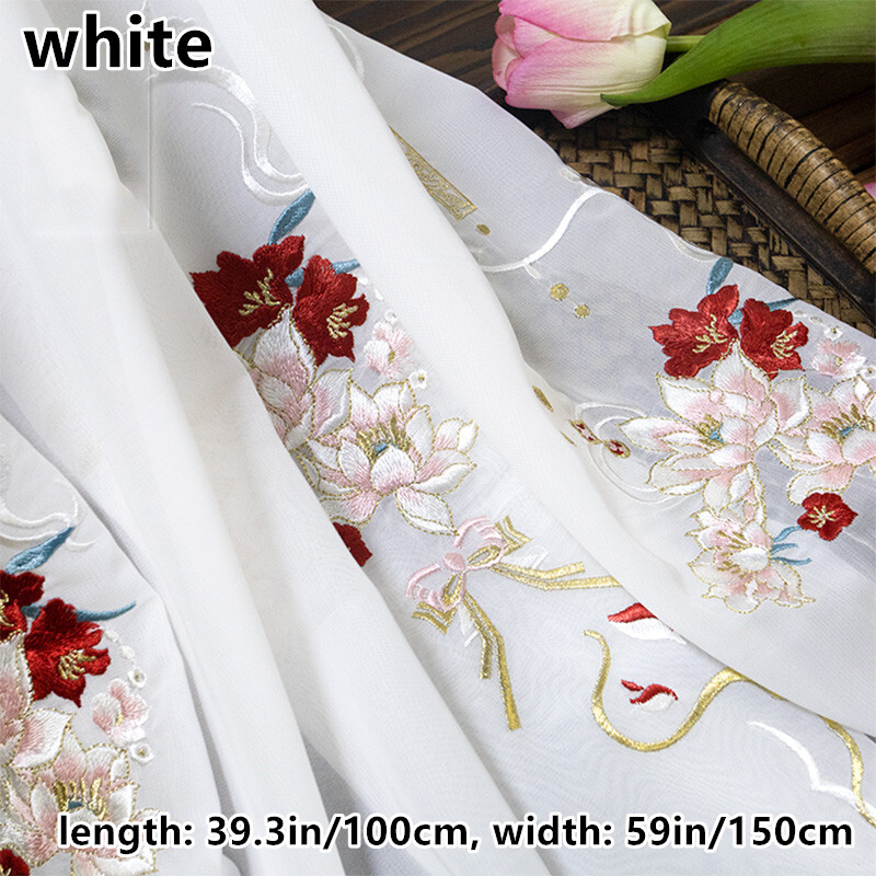 Chinese Embroidered Floral Chiffon Fabric for Hanfu Cheongsam Costume DIY Ethnic