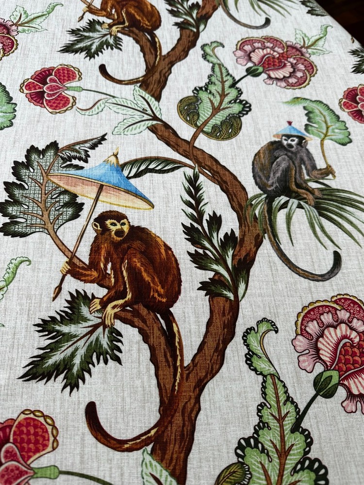 Jungle Monkey Botanical Leaf Linen Look Fabric Cushion Curtains 140cm