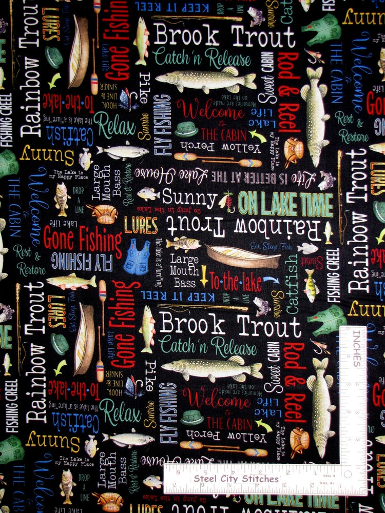 Keep It Reel Fish Words Trout Catfish Cotton Fabric Kanvas Benartex By The Yard