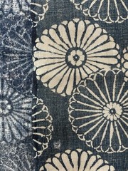 Vintage Japanese Handwoven Katazome Boro Indigo Fabric Chrysanthemum Faded 62″