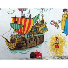 Vtg 1950s Peter Pan Neverland Barkcloth Fabric 61×44 MCM Rare Novelty Textile