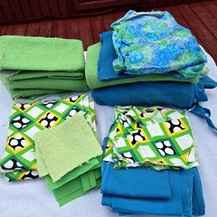 Vintage Fabric Scrap LOT Lime Green Wool Blue Mid Century Mod Aunt Leo D5
