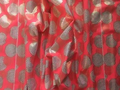 Orange Spandex with Gold Foil on White Circles Fabric – 32″repeat ~ 7/8 yd