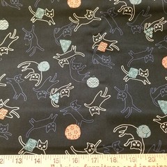 Playful Kitties on Navy Blue Cotton Shirting from Japan with Scattered Toys
