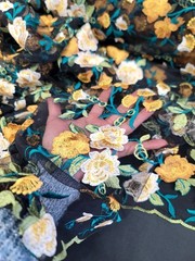 Fabric By The Yard Embroidered Yellow Teal Floral Black Mesh Lace For Dress Prom