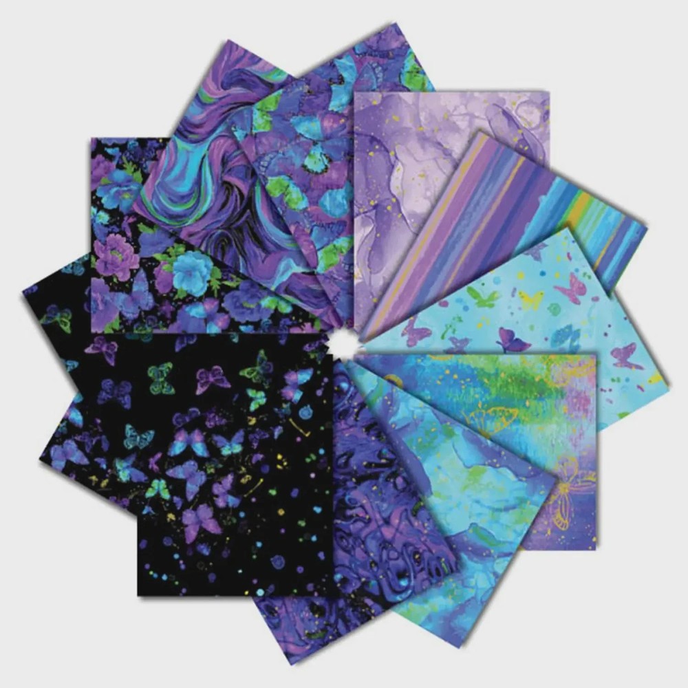 Evening Glow ~ 13 Fat Quarters ~ Black, Purple, Blue Butterfly Fabric