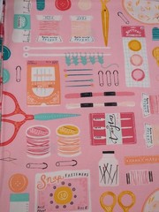 Sewing themed Fabric, pink and blue, 1lb 11oz, button, needles, scissors, thread