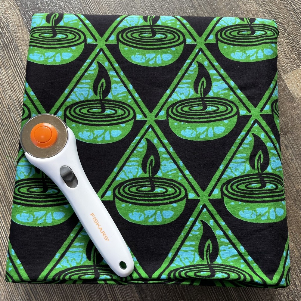 Vintage Candle Burning Green Blue Black Cotton Fabric African Vibe 4 yards x 42″