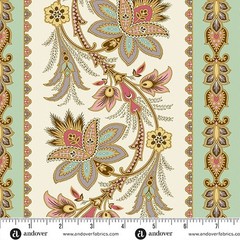 Jacobean Border Stripe, Fabric, Green, Beige, Holbrook, Andover Fabrics A-1536-G