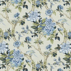 Mudan Porcelain Blue Green Bird Floral Print Waverly Drapery Fabric