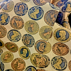 VTG Roman Empire Like COINS Silk or Silk Blend on Olive Drab 36″x31″