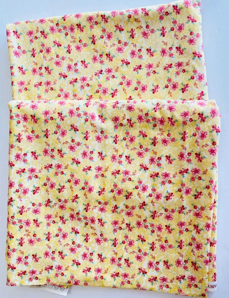 Pink Floral on Yellow Cotton Fabric; 2 Cuts: Total 4 3/8 Yds