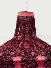 Francesca BURGUNDY Vines and Diamonds Pattern Sequins on Mesh Lace Fabric by th