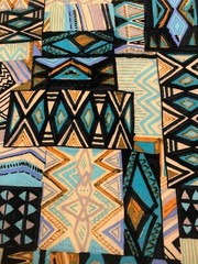 2yd(78″)Lx60″W yellow/black/teal/blue SW-theme pattern jersey qiana-like knit