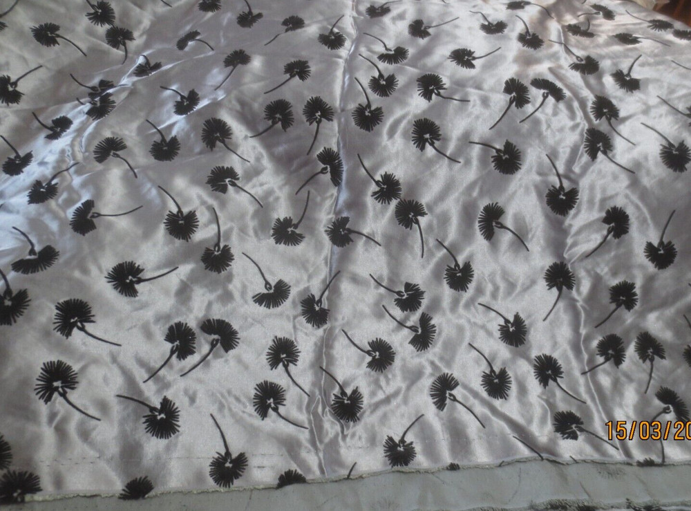 Vintage 8 yds x 56″ Gorgeous Silver Gray Flocked Black Floral SIlky Poly? Fabric