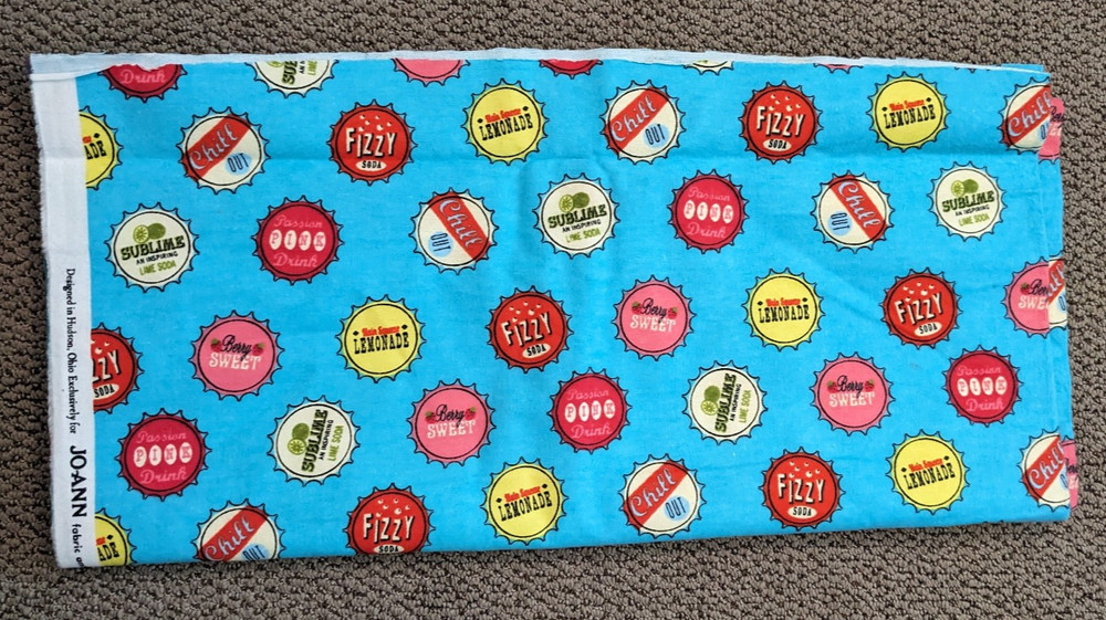 JoAnn Flannel Fabric Cotton Turquoise Bottle Caps Sodas Summer 40×60″