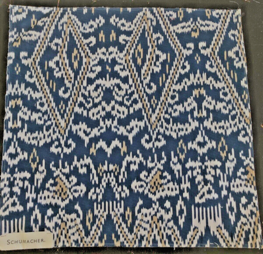 SCHUMACHER Maya Ikat Print in Blue, Tan, White 17 x 17 1/2″ Cotton Fabric Sample