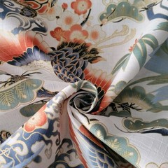 Cranes, Tortoises, on White Japanese Cotton Dobby Shirting w/ Gold Metallic