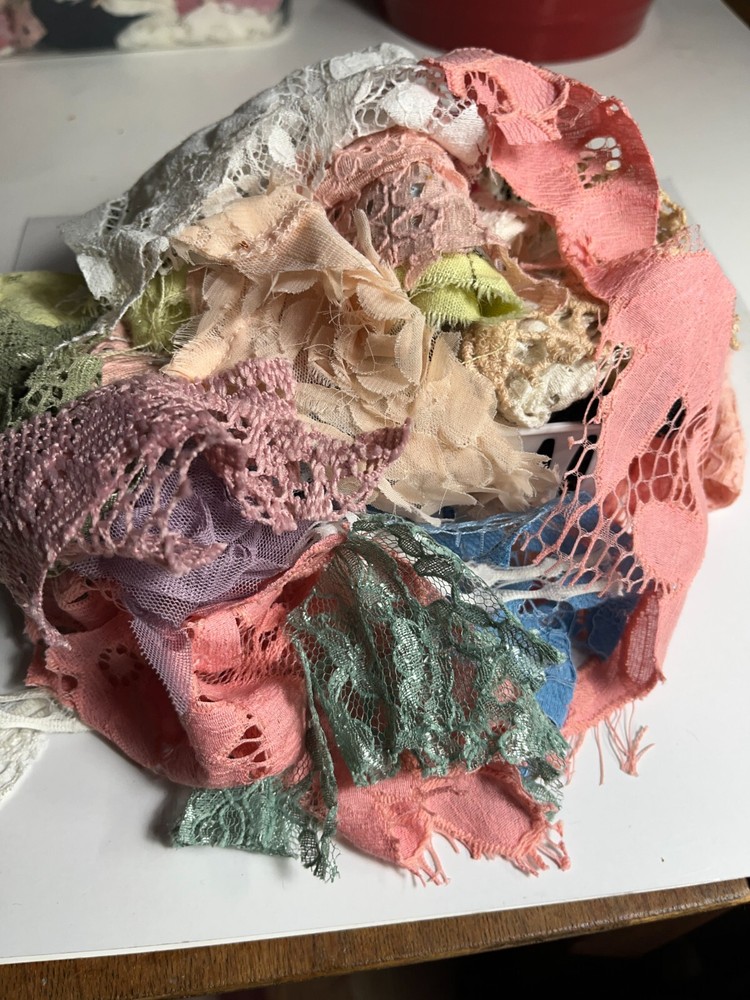 large lot of mostly lace scraps or snippets 5 oz. used in crafts, junk journals