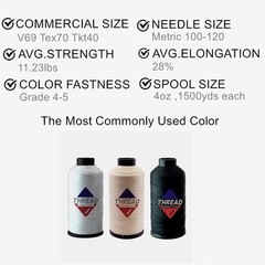 Sissewpro Bonded Nylon Thread 69 Upholstery T70 #69 210D/3, 1xWhite+1xBlack