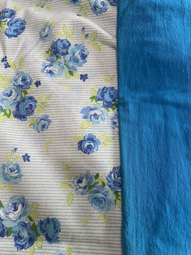 Fabric Traditions 2002 Blue Rose Print Cotton piece w/ matching blue solid piece