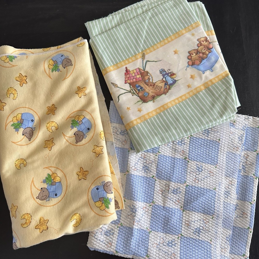 Lot Of 3 Pieces Of Fabric Yellow Blue Green Nursery Cotton Jersey VTG Sewing