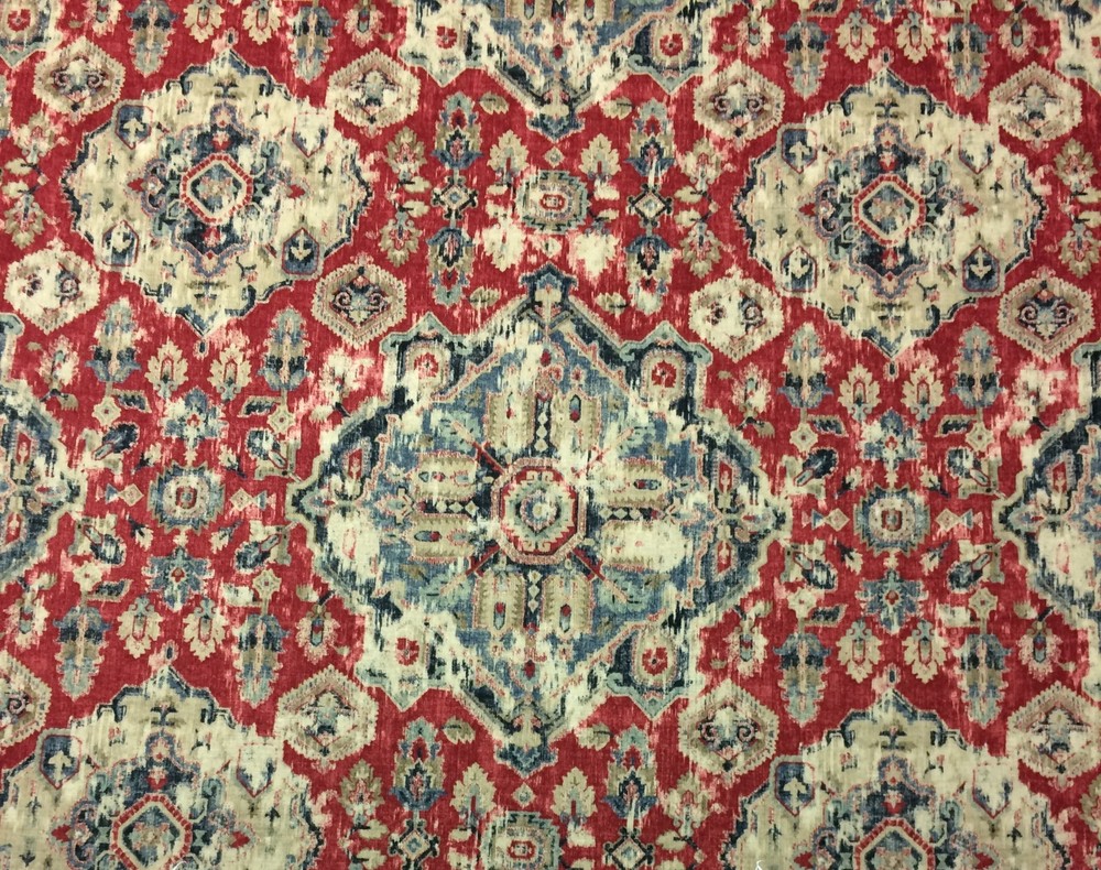 COVINGTON MASSIMO MOROCCAN RED LARGE IKAT MEDALLION LINEN FABRIC BY YARD 55″W