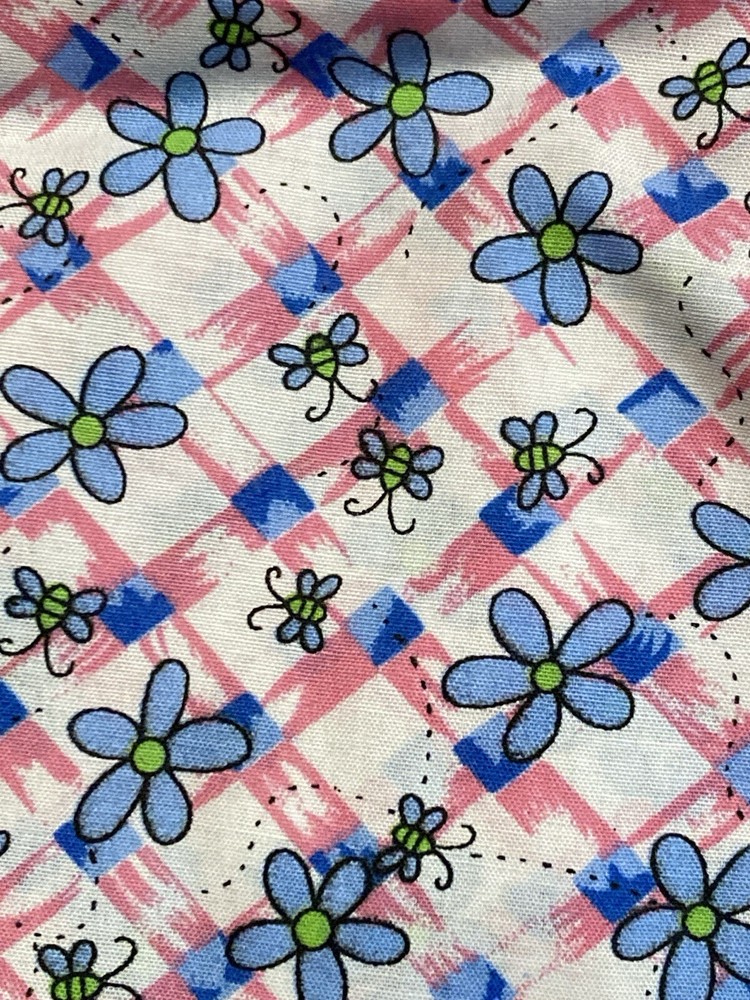 Blue Flowers Bugs on Pink White Lattice 1-7/8Y x 44″ W Vintage Cotton Fabric