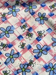 Blue Flowers Bugs on Pink White Lattice 1-7/8Y x 44″ W Vintage Cotton Fabric