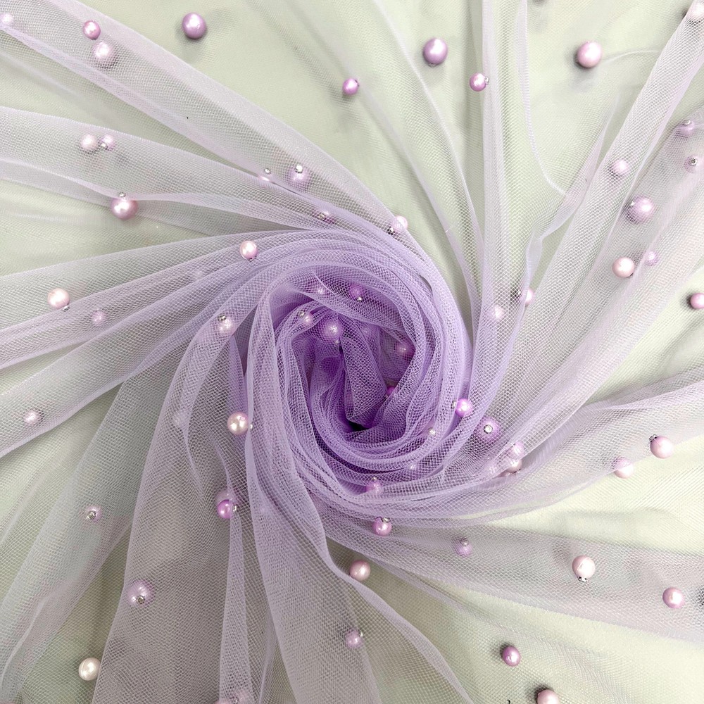 Queenie LAVENDER Faux Pearls on Soft Mesh Lace Fabric for Gowns, Evening Wear,