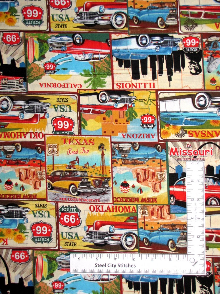 USA Route 66 States Travel Scenes Fabric Lifes A Kick Cotton Blank Textiles Yard
