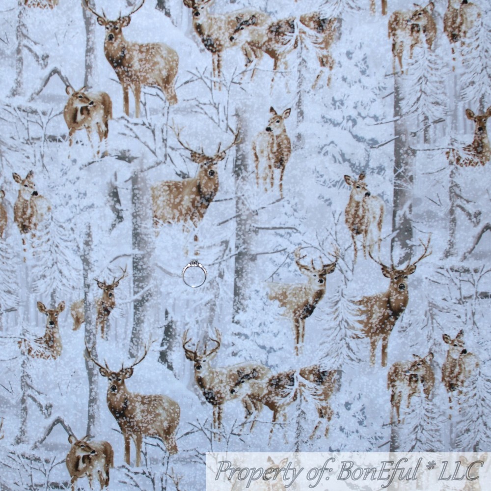 BonEful Fabric FQ Cotton Quilt White Deer Buck Brown Tree Forest Snow Scene Hunt
