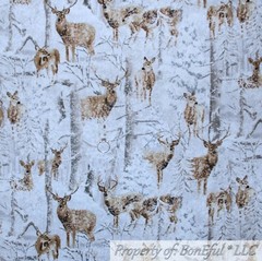 BonEful Fabric FQ Cotton Quilt White Deer Buck Brown Tree Forest Snow Scene Hunt