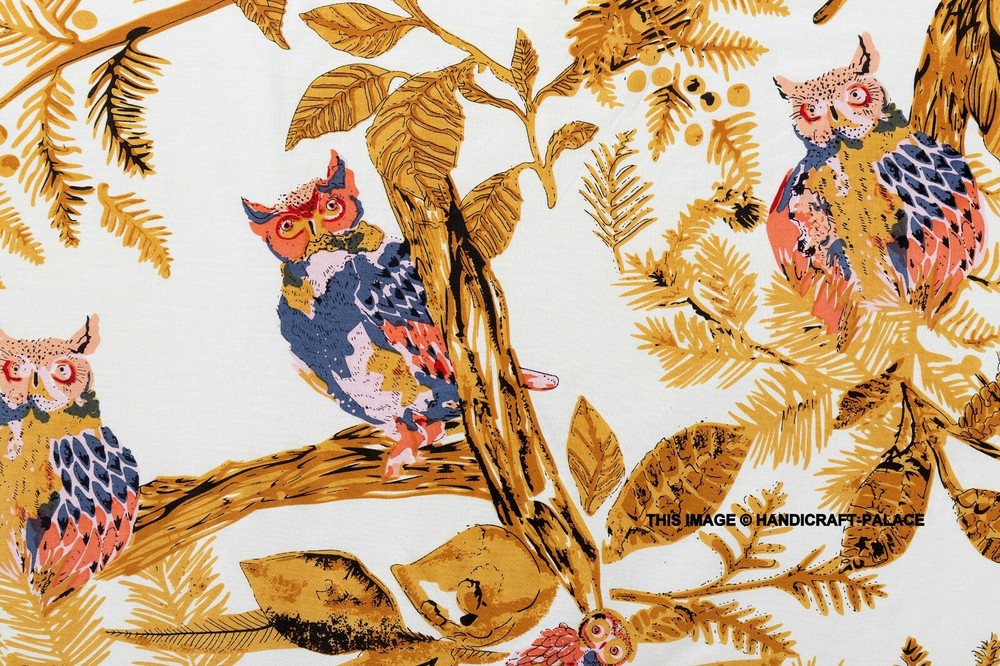 Indian Owl Bird Floral Handmade Cotton Fabric Natural Sanganeri Printed By Yard