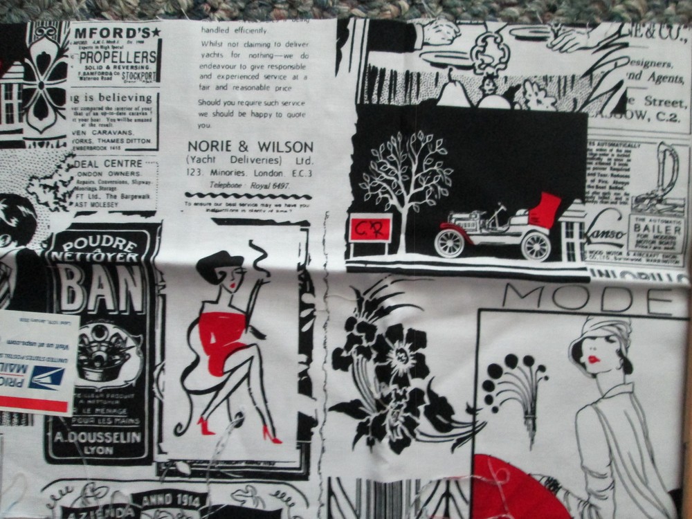 VINTAGE FRENCH AD NEWSPAPER POPPY BLACK RED COTTON FABRIC FQ OOP