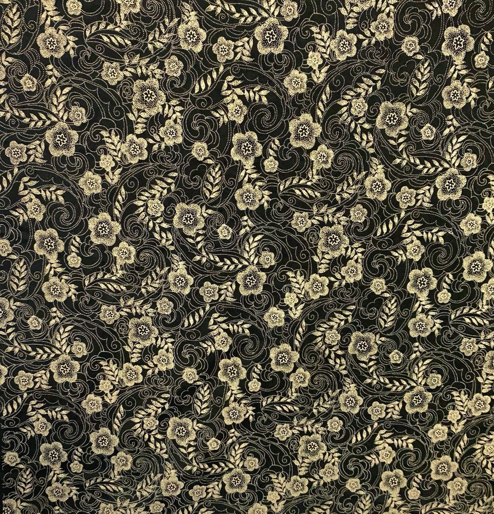 Jo-ann Black Beige Filigree Floral Fabric Cotton Quilting Cottagecore 2.8 yd