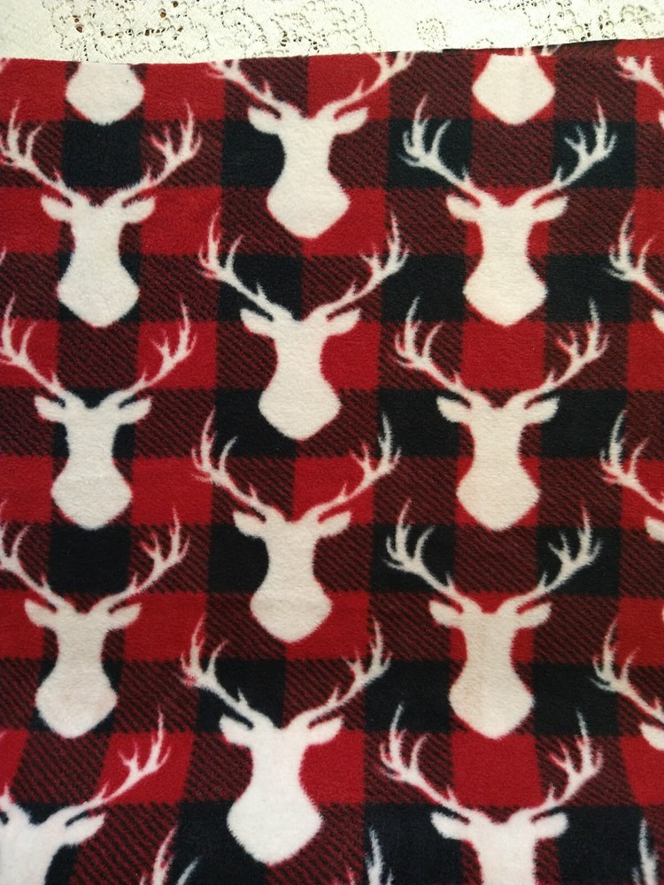 2 REMNANTS Deer Head Red Black Buffalo Plaid Anti-Pill FLEECE FABRIC 22″ & 30″ L