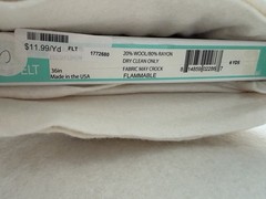 Wool Felt Fabric, Off-White, 20% Wool & 80% Rayon, 4.25 Yards, 37″ Wide
