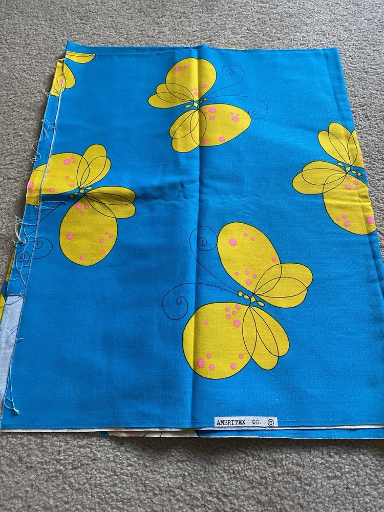 Vtg Ameritex Bright BLUE Yellow BUTTERFLY Fabric 2 Yards Large Print Cotton MCM