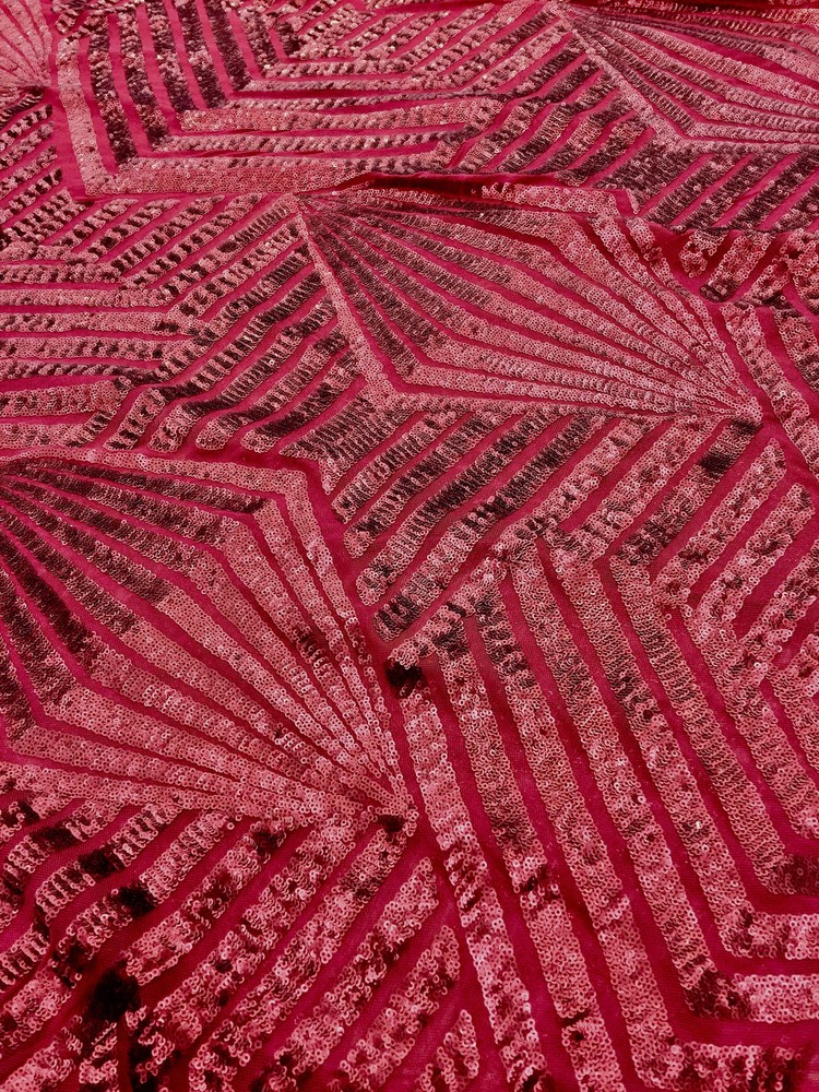 Thea BURGUNDY Geometric Sequins Diamond & Stripes on Mesh Lace Fabric by the Ya