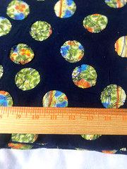 100% cotton fabric/batik circle design on black 37″ x 38″(design on both sides)