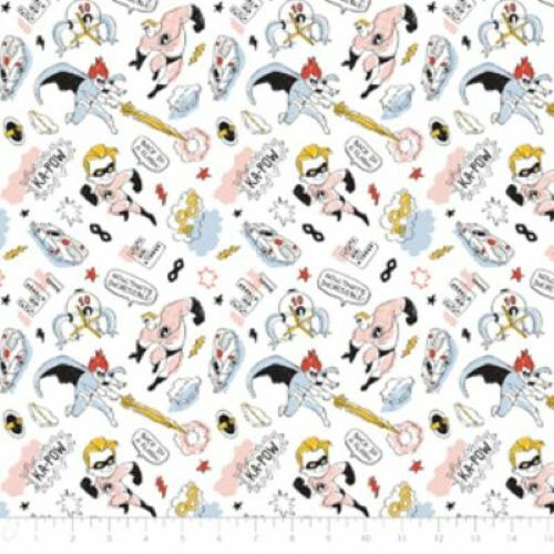 DISNEY PIXAR THE INCREDIBLES CHARACTERS SUPER HEROES WHITE 100% Cotton SOLD BTHY