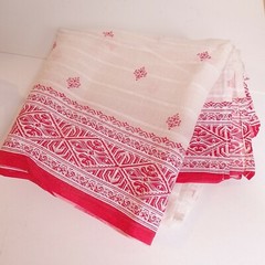 Red & White Organza Sari Fabric Curtain Stamped Border VALENTINE 42″ x 94″