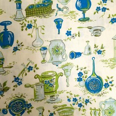 Vintage Kitchen Kitschy Cotton Fabric Cream Blue Green Pot Pan Bell Teacup 4 yds