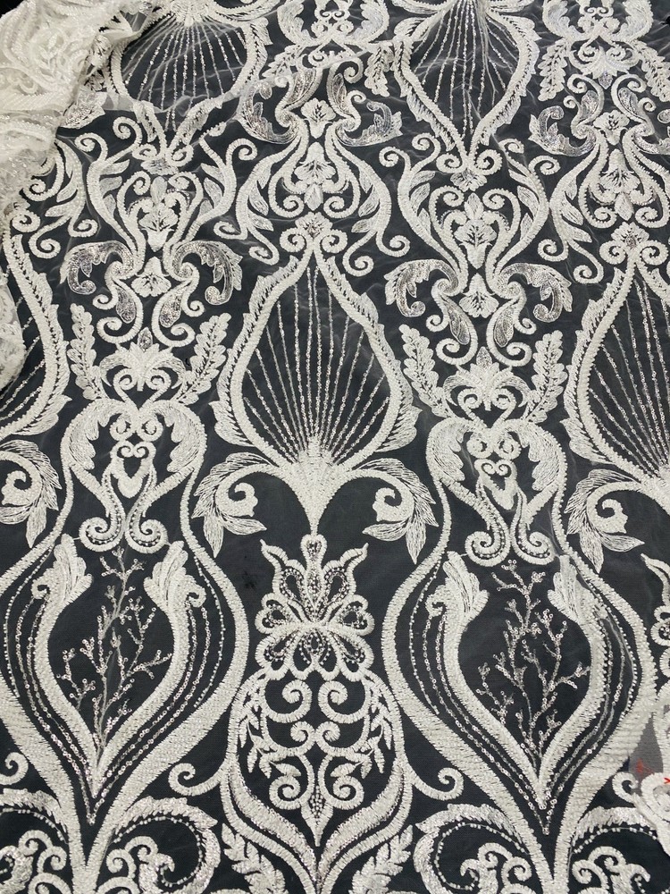 White Beaded Lace Fabric on Mesh – Luxury Sequin Embroidered Fabric