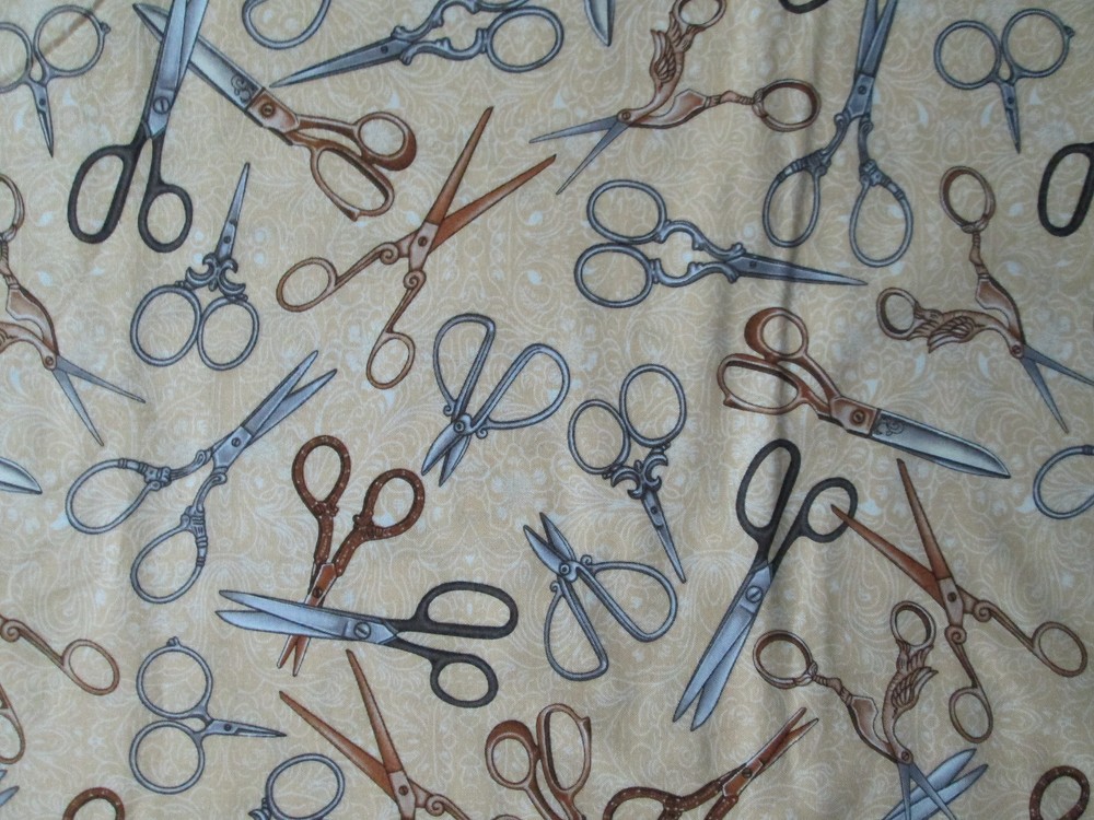 SCISSORS HAIR SEWING ITEMS SCISSOR VARIETY TAN BEIGE COTTON FABRIC FQ
