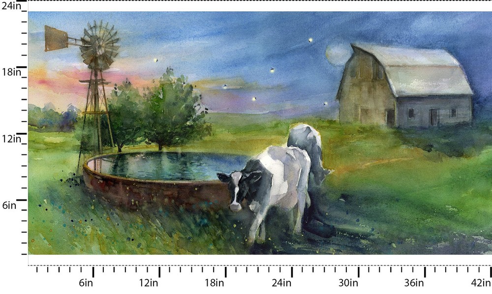 24″ Fabric Panel | 3 Wishes Country Living Night on the Farm Cow Barn Scene
